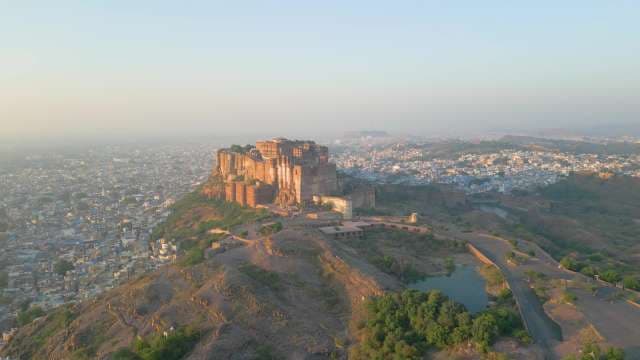 Majestic Aerial View of Mehrangarh Fort in Jodhpur at Sunrise