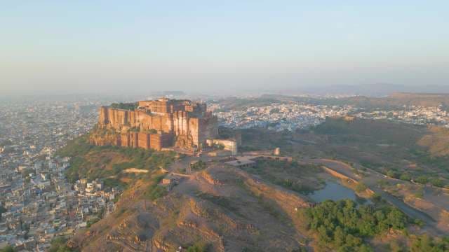 Majestic Aerial View of Mehrangarh Fort in Jodhpur at Golden Hour