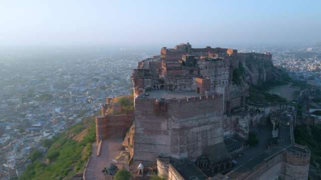 Majestic Aerial View of Mehrangarh Fort Overlooking Jodhpur's Blue City