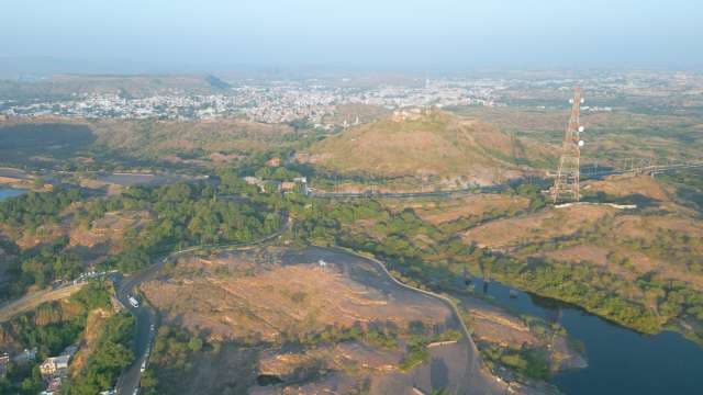 Aerial Panorama of Jodhpur Cityscape and Arid Hilly Landscape in India