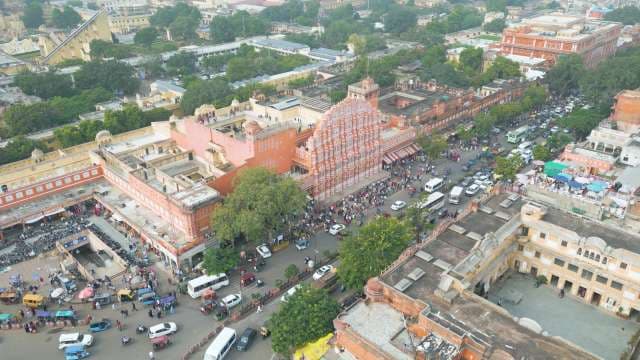 Iconic Aerial View of Hawa Mahal in Jaipur's Pink City