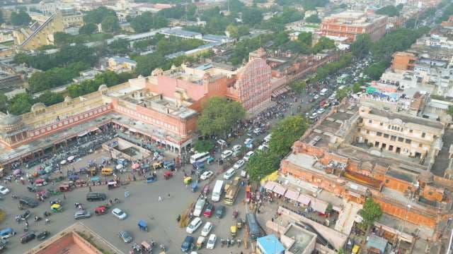 Aerial View of Hawa Mahal and Pink City Traffic in Jaipur