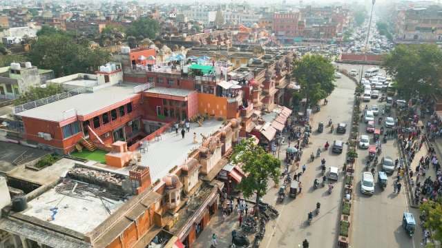 Aerial View of Vibrant Street Life and Architecture in Jaipur India