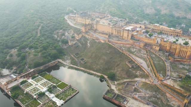 Majestic Aerial View of Amber Fort and Maota Lake in Jaipur