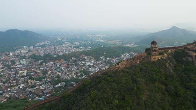Panoramic Aerial View of the Ancient Walls Overlooking Jaipur India