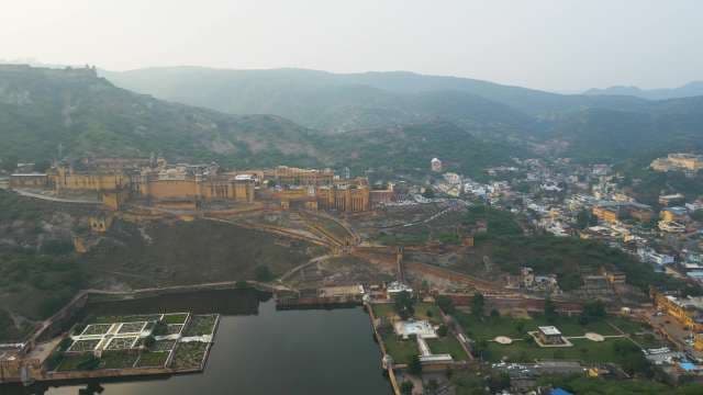 Aerial View of the Majestic Amer Fort and Maota Lake in Jaipur