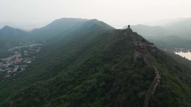 Panoramic Aerial View of Historic Walls in Jaipur Mountains
