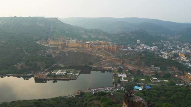 Aerial View of the Majestic Amber Fort and Maota Lake in Jaipur