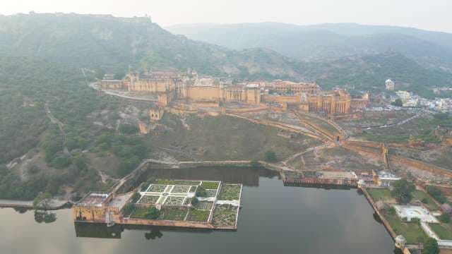 Majestic Aerial View of Amber Fort and Maota Lake in Jaipur
