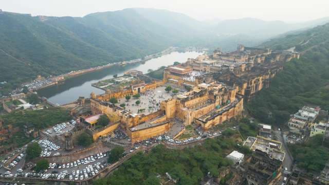 Majestic Aerial View of Amer Fort and Maota Lake in Jaipur