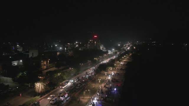 Aerial Night View of Busy Fatehsagar Lake Road in Udaipur