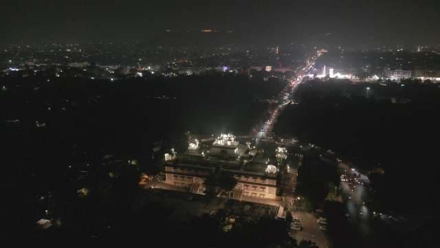 Aerial Night View of the Illuminated Albert Hall Museum in Jaipur