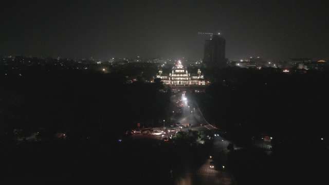 Aerial Night View of the Illuminated Vidhana Soudha in Bengaluru