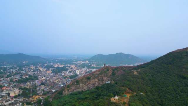 Panoramic Aerial View of the Ancient Walls and Jaipur Cityscape