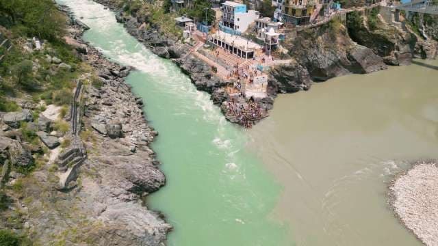 Aerial View of Devprayag Sangam: Confluence of Alaknanda and Bhagirathi Rivers