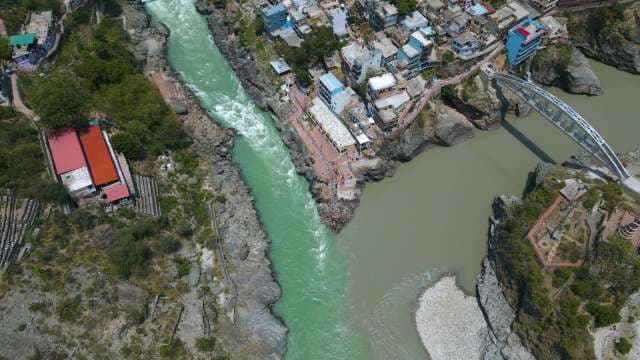 Stunning Aerial View of Devprayag Where Two Rivers Merge Into Ganges