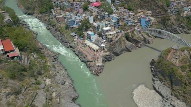Aerial View of Devprayag Sangam the Sacred Confluence of Ganges River