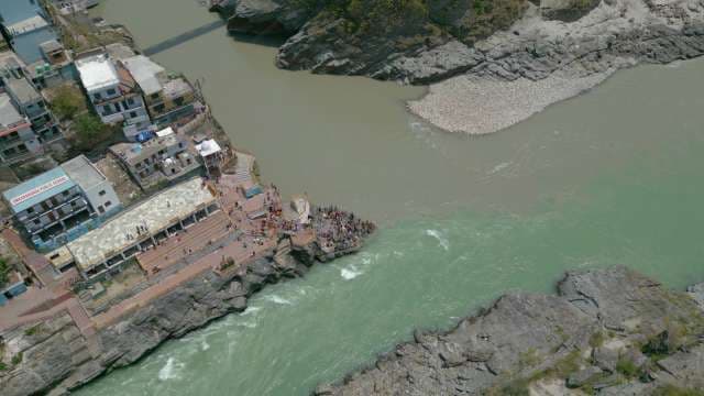 Aerial View of Devprayag Confluence: Where Alaknanda and Bhagirathi Rivers Meet
