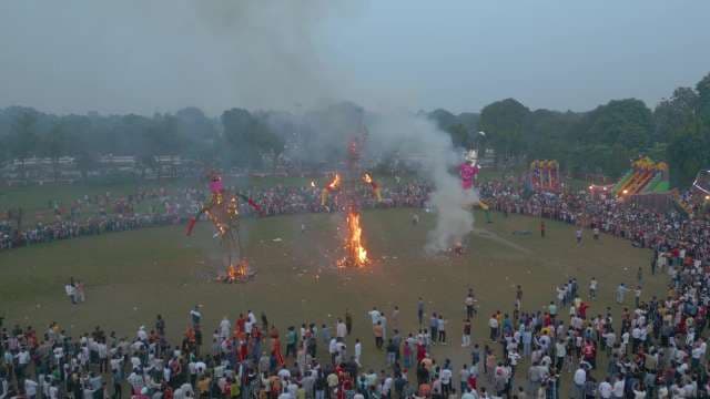 Traditional Burning of Ravana Effigies During Dussehra Festival Celebration