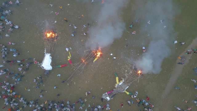 Aerial View of Burning Ravana Effigies During Dussehra Festival