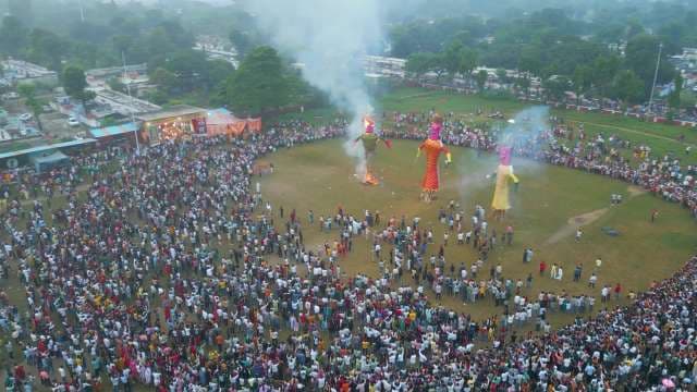 Aerial View of Ravana Effigy Burning During Dussehra Festival Celebration in India