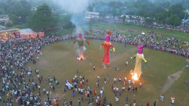 Aerial View Of Traditional Ravana Effigy Burning During Dussehra Festival