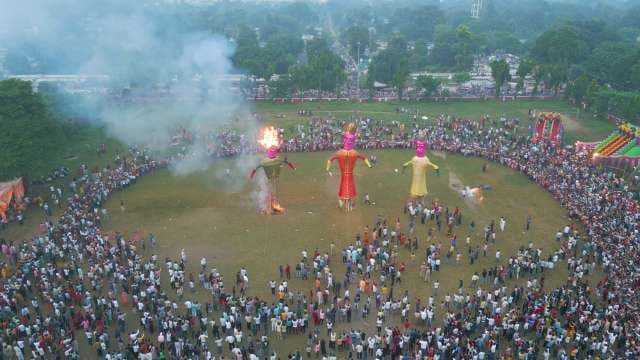 Aerial View of Spectacular Dussehra Effigy Burning Celebrations in India