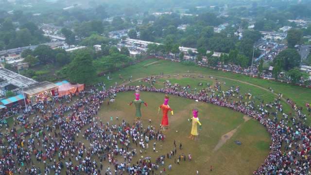 Aerial View of Vibrant Dussehra Festival Celebrations With Giant Ravana Effigies