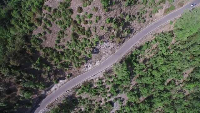 Aerial View of a Winding Mountain Road Through Lush Forest
