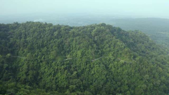 Aerial View of a Winding Road Through Lush Tropical Mountain Forest