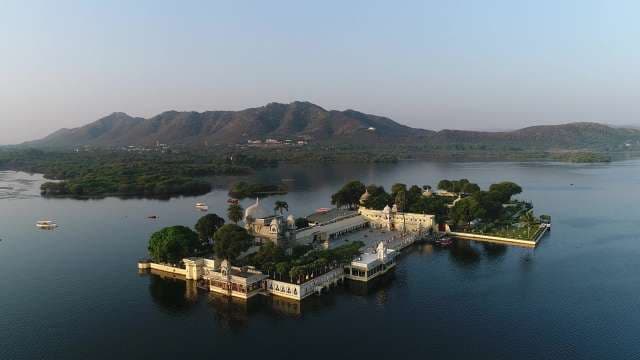 Stunning Aerial View of Jag Mandir Palace on Lake Pichola Udaipur