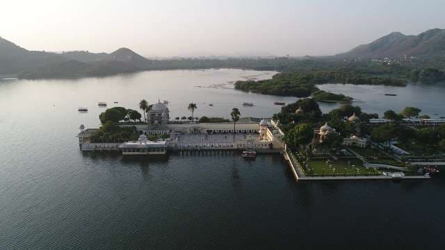 Stunning Aerial View of Jag Mandir Palace on Lake Pichola, Udaipur