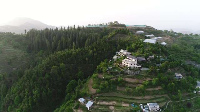 Scenic Aerial View of Hillside Resorts and Lush Pine Forests