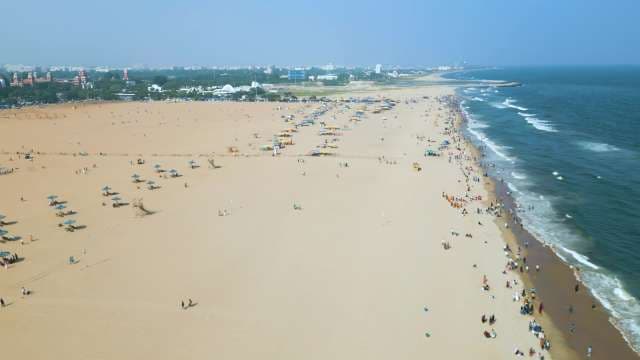 Panoramic Aerial View of Scenic Marina Beach Coastline in Chennai