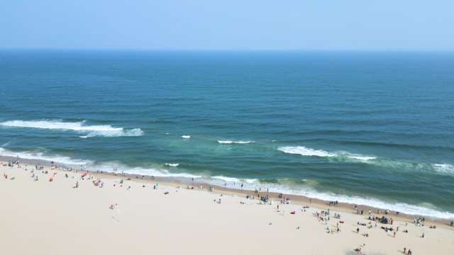 Stunning Aerial View of Crowded Sandy Beach and Blue Ocean Waves