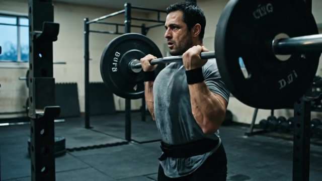 Muscular Man Performing Overhead Barbell Press in Professional Gym