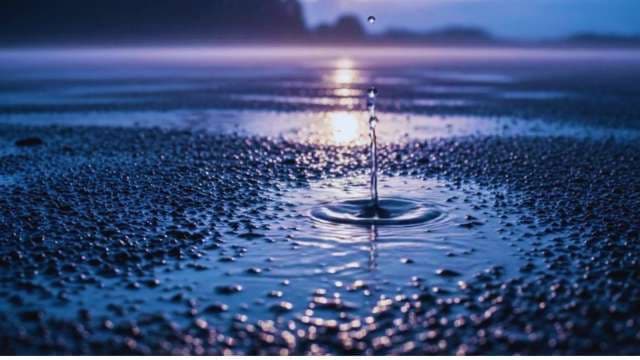 Macro Water Drop Splash on Wet Pebbled Beach at Blue Hour