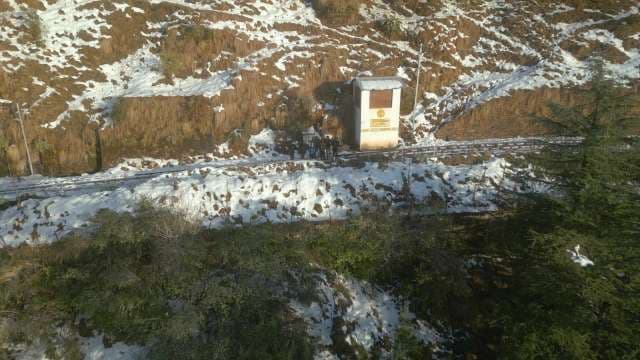 Aerial View of People by Snowy Mountain Railway Building