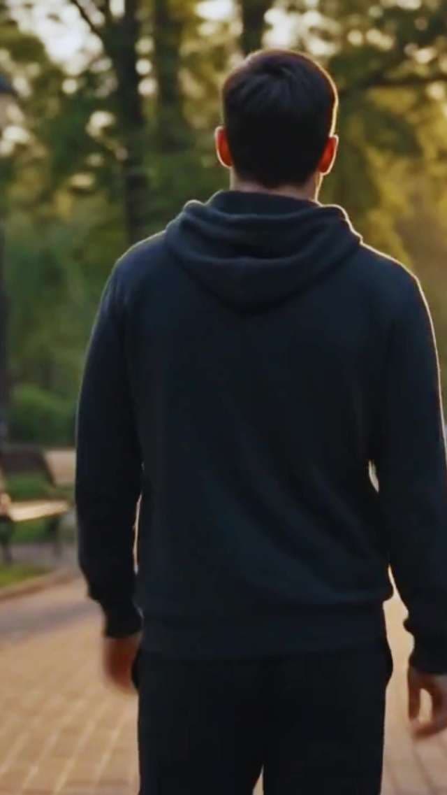 Man in Hoodie Walking Through Sunlit Park at Golden Hour