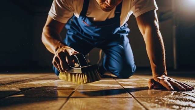 Professional Cleaner Scrubbing Tiled Floor with Brush in Low Light