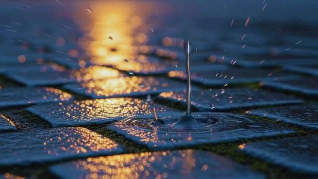 Raindrop Splash on Wet Cobblestones at Sunset