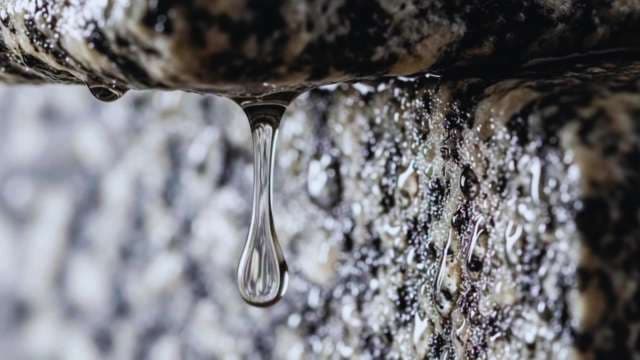 Macro View of Water Droplet Falling from Wet Textured Stone