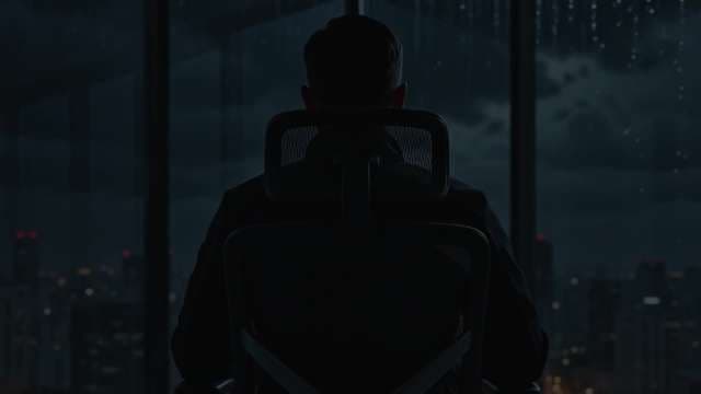 Silhouetted Businessman Looking at Rainy Night City Skyline