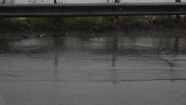 Rainy Wet Asphalt Road Surface with Litter and Guardrail