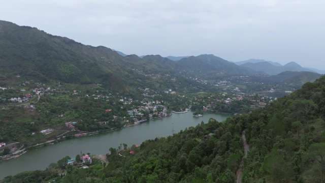 Aerial Panorama of Bhimtal Lake Surrounded by Lush Himalayan Hills
