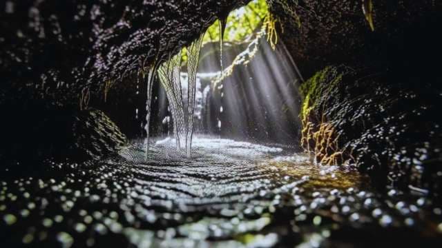Sunlight Beams Through Cave with Dripping Water and Mossy Rocks