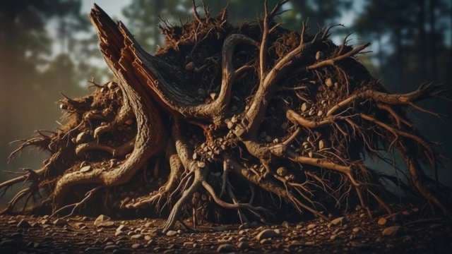 Uprooted Tree Roots with Soil in Sunlit Forest
