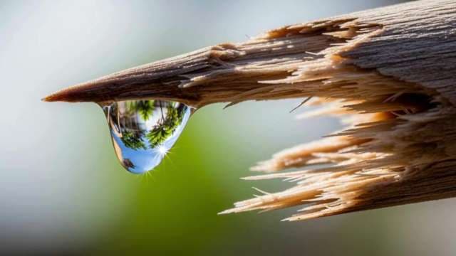 Macro Water Drop Reflecting Palm Trees on Splintered Wood