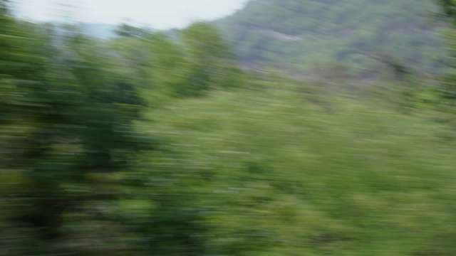 Motion Blur View of Green Hills from Moving Vehicle