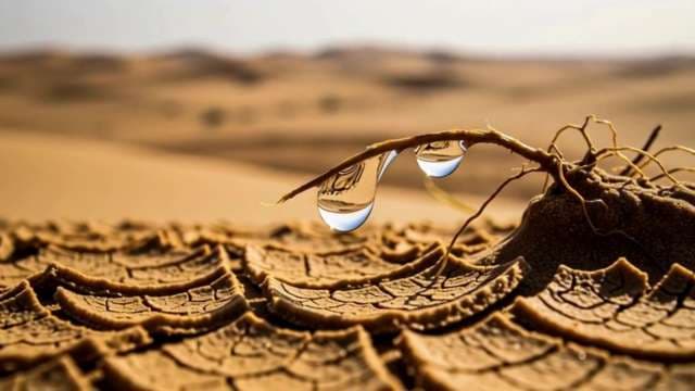 Water Drops on Twig Above Parched Cracked Desert Earth
